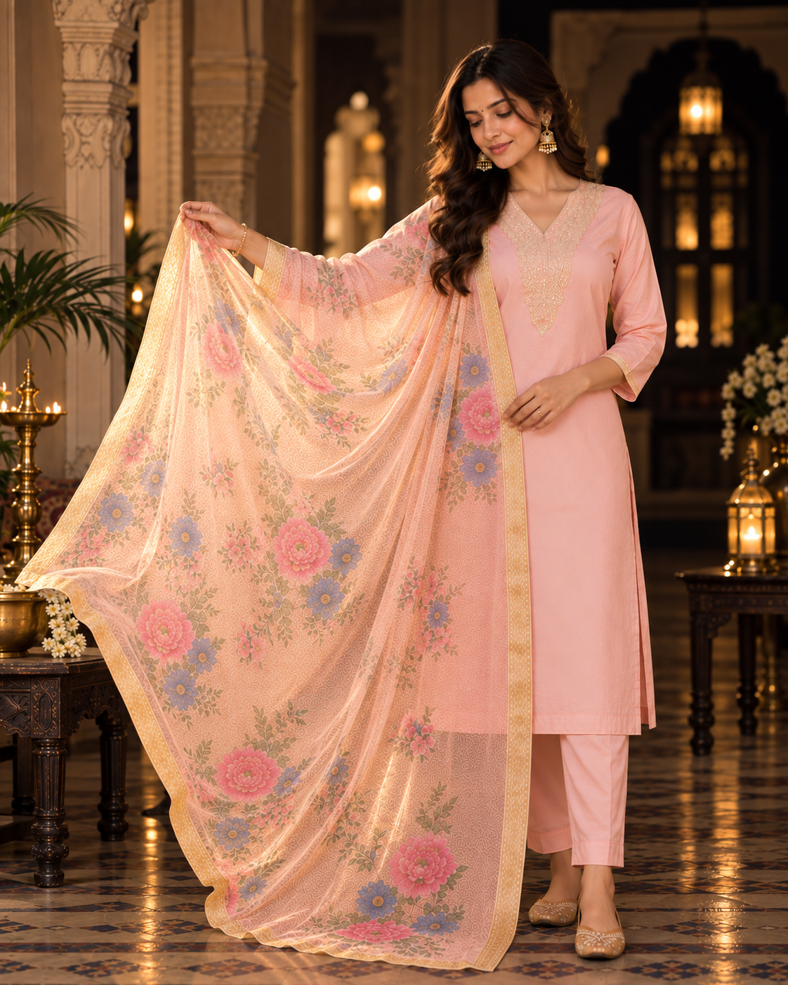 Peach Embroidered Roman Silk Embroidered Kurta and Pant Set with Dupatta