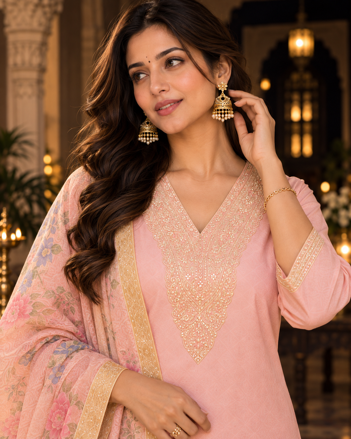 Peach Embroidered Roman Silk Embroidered Kurta and Pant Set with Dupatta