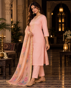Peach Embroidered Roman Silk Embroidered Kurta and Pant Set with Dupatta