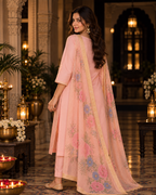 Peach Embroidered Roman Silk Embroidered Kurta and Pant Set with Dupatta