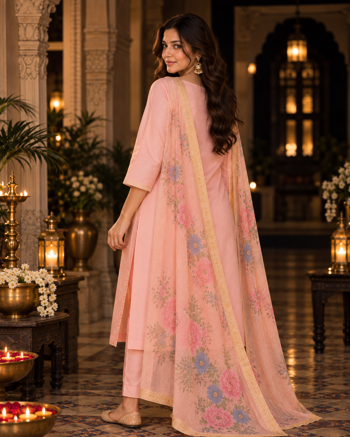 Peach Embroidered Roman Silk Embroidered Kurta and Pant Set with Dupatta