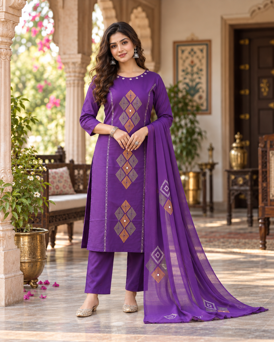 Purple Printed Muslin Kurta and Pant Set with Dupatta
