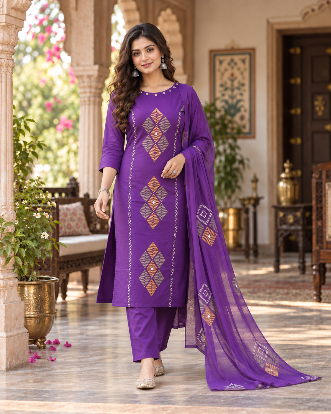 Purple Printed Muslin Kurta and Pant Set with Dupatta