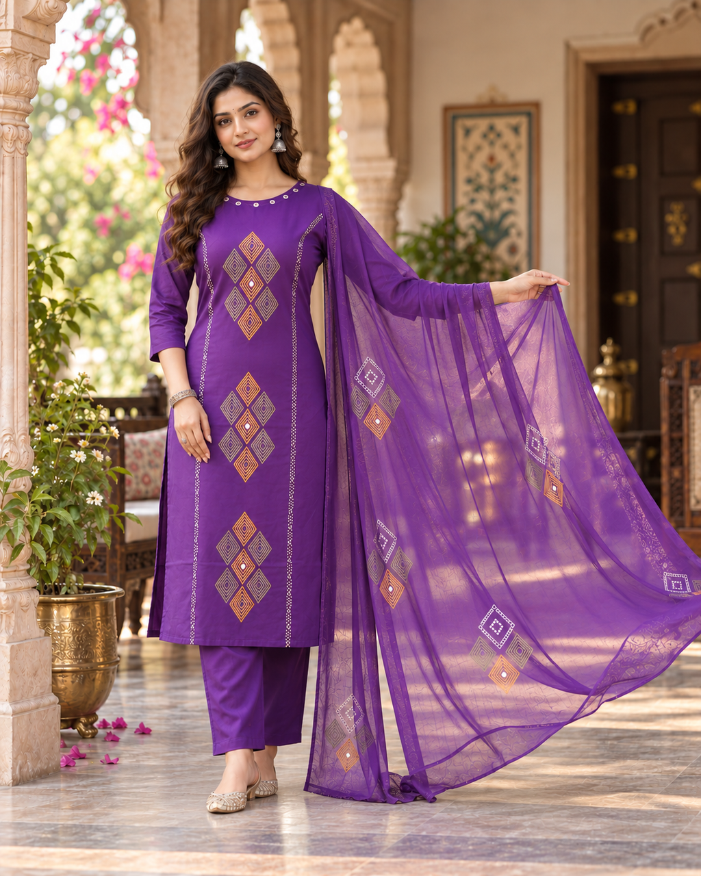 Purple Printed Muslin Kurta and Pant Set with Dupatta