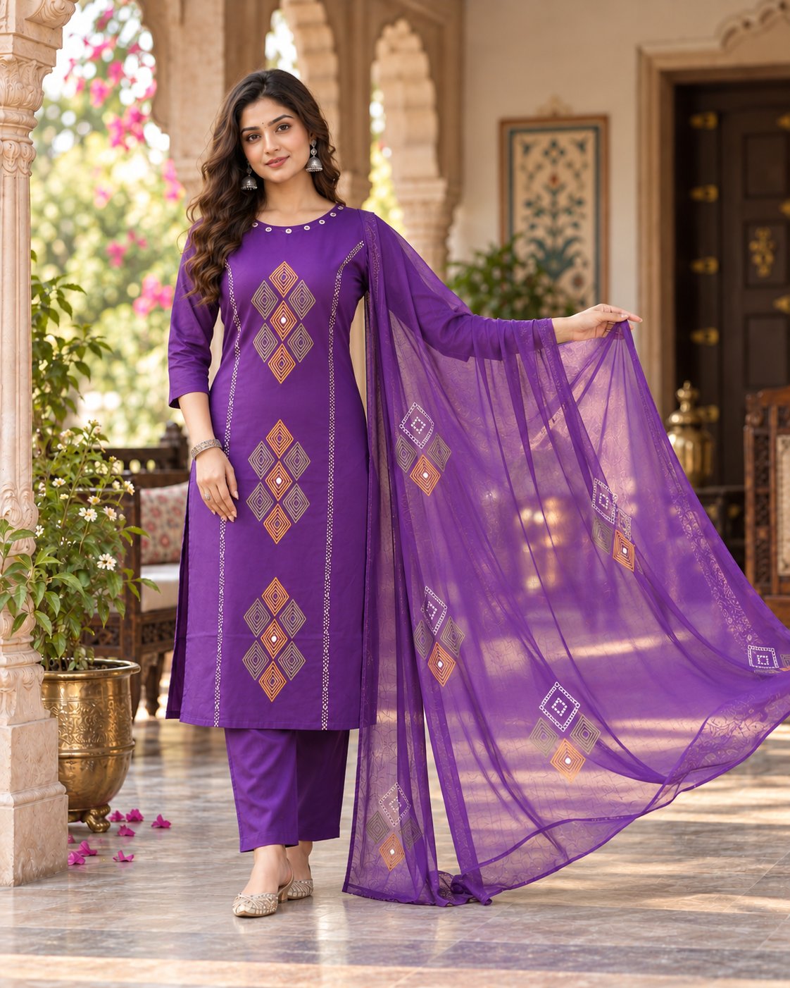 Purple Printed Muslin Kurta and Pant Set with Dupatta