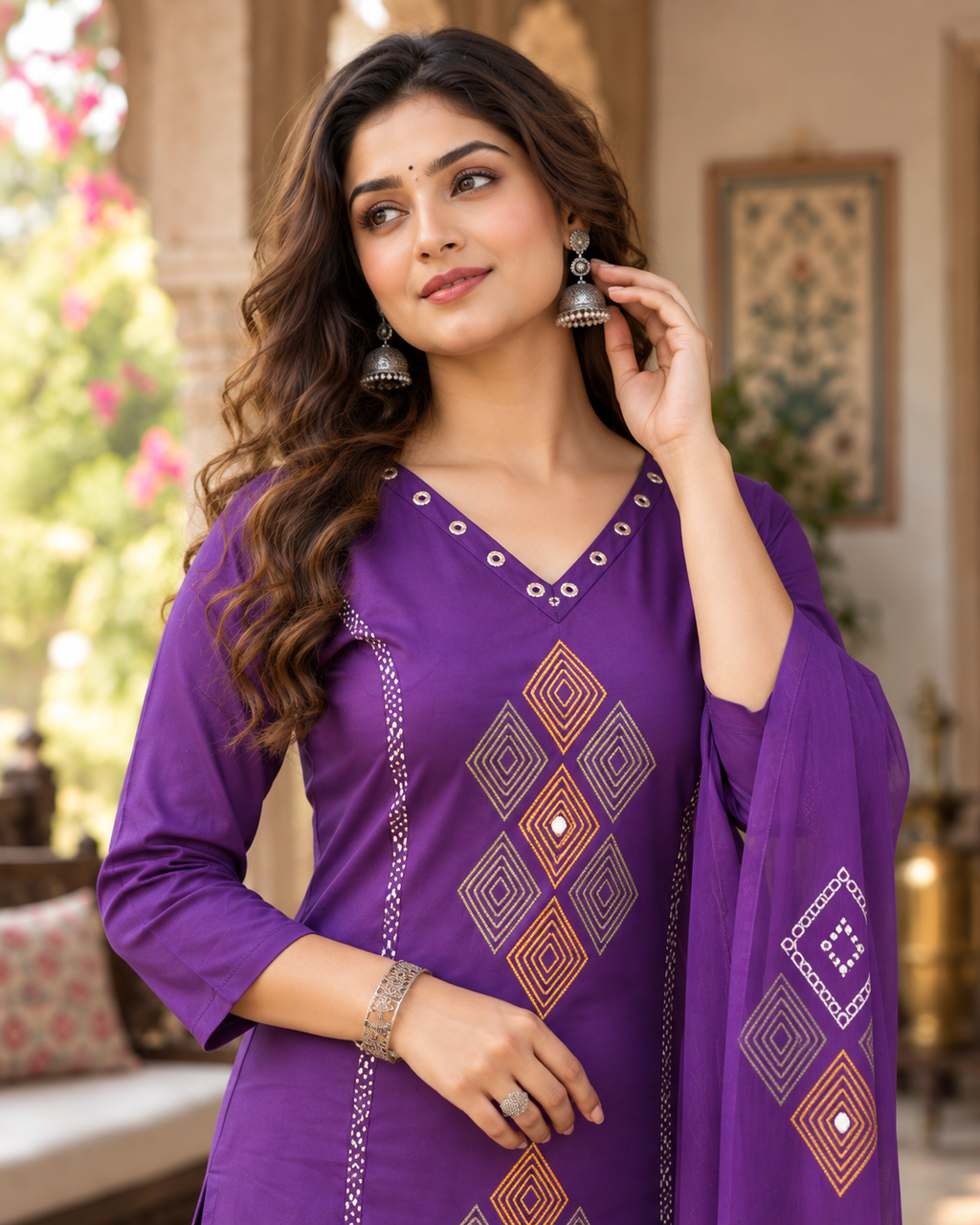 Purple Printed Muslin Kurta and Pant Set with Dupatta