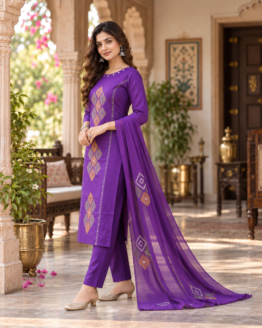 Purple Printed Muslin Kurta and Pant Set with Dupatta