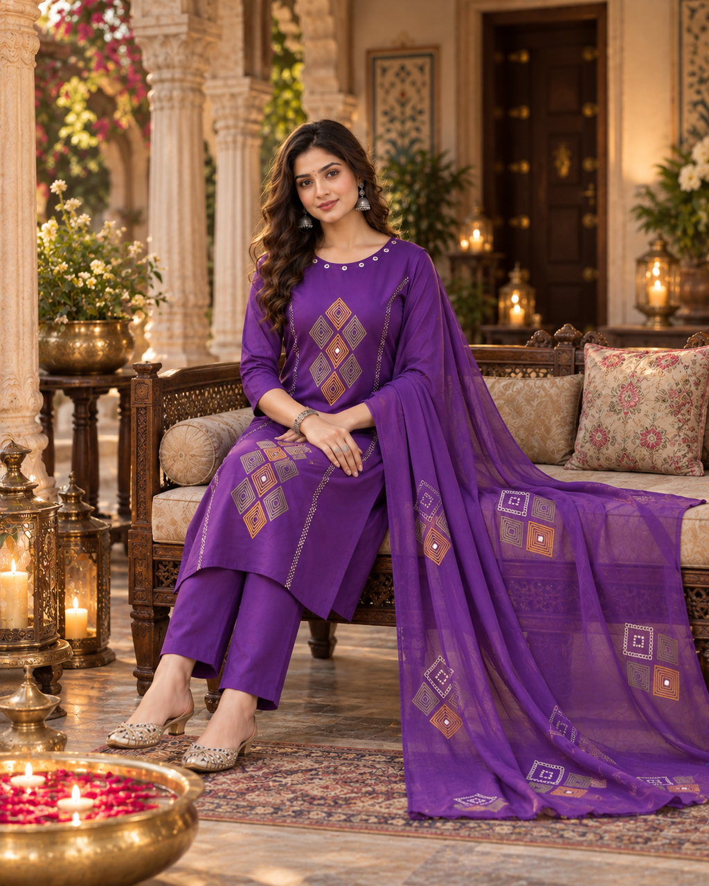 Purple Printed Muslin Kurta and Pant Set with Dupatta