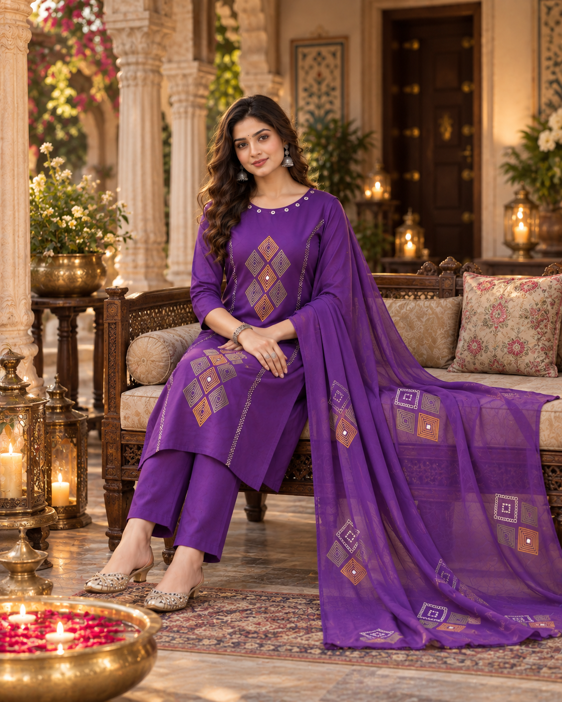 Purple Printed Muslin Kurta and Pant Set with Dupatta
