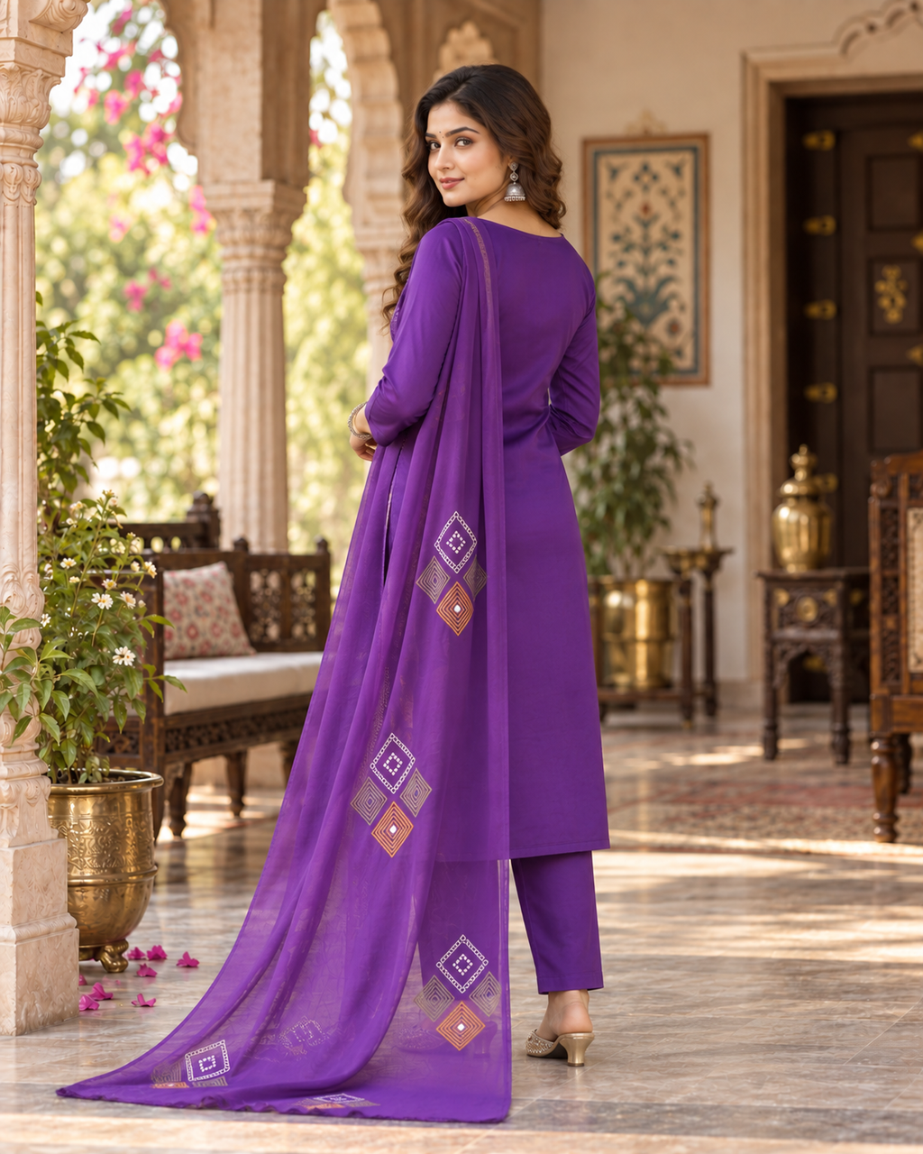 Purple Printed Muslin Kurta and Pant Set with Dupatta
