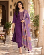 Purple Embroidered Roman Silk Suit Set with Dupatta