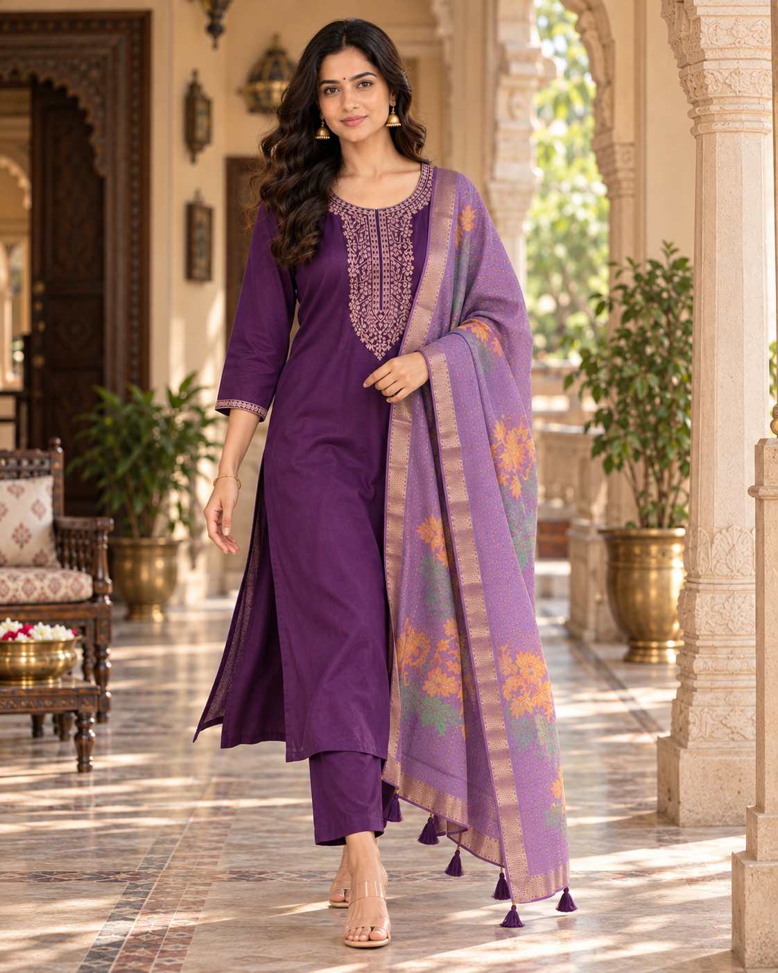 Purple Embroidered Roman Silk Suit Set with Dupatta