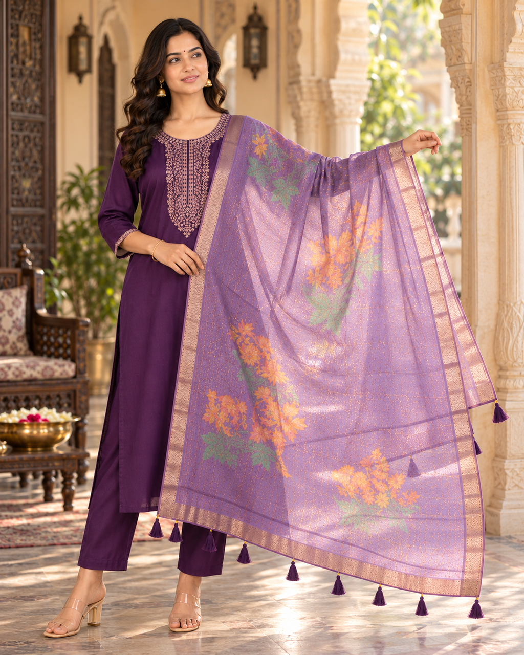 Purple Embroidered Roman Silk Suit Set with Dupatta