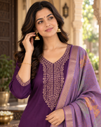 Purple Embroidered Roman Silk Suit Set with Dupatta