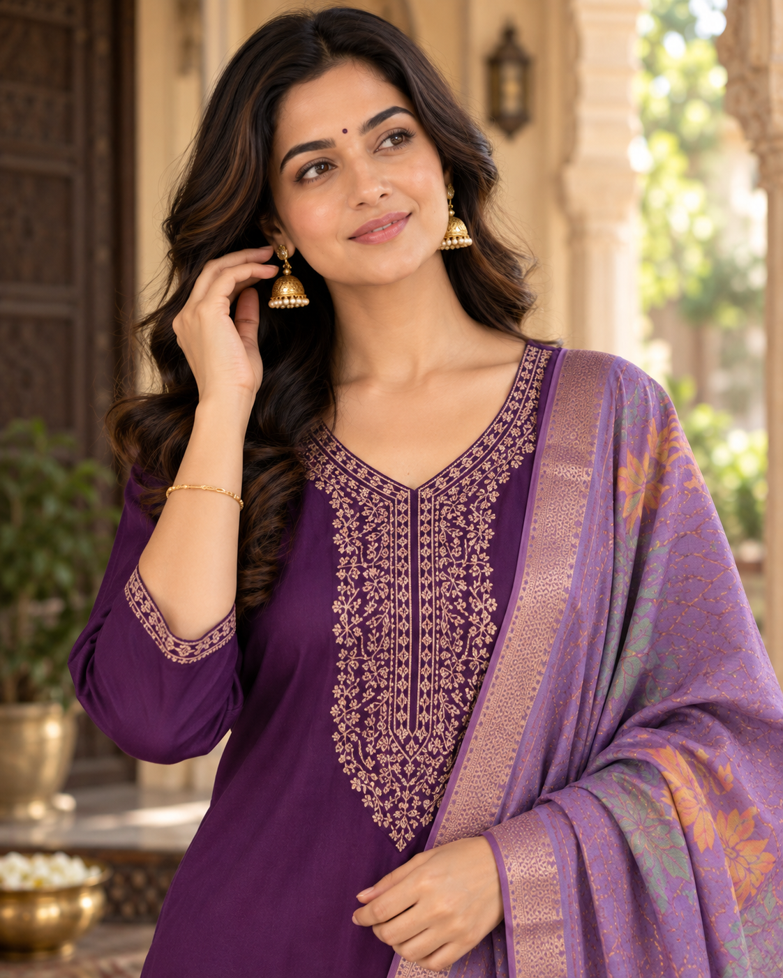 Purple Embroidered Roman Silk Suit Set with Dupatta