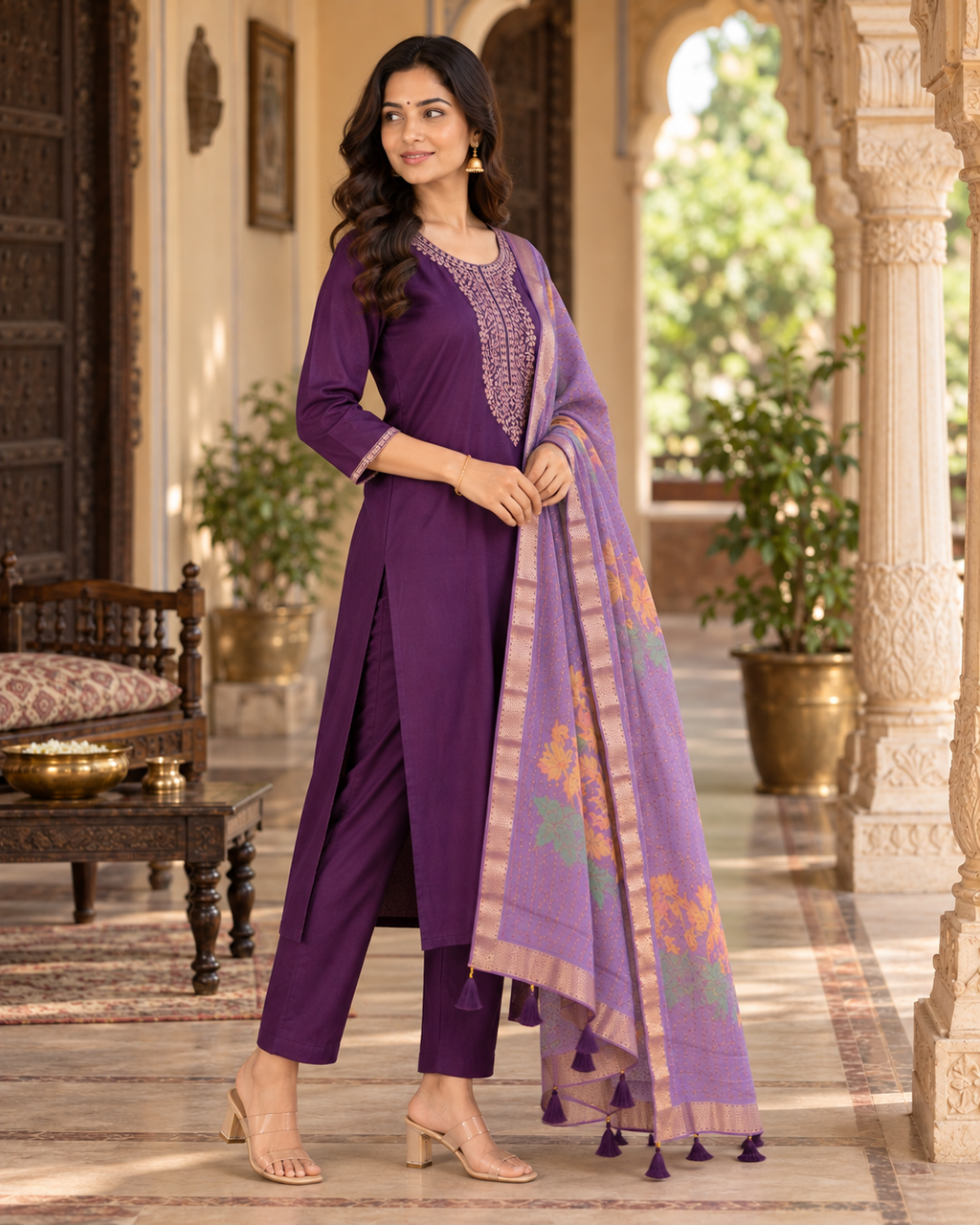 Purple Embroidered Roman Silk Suit Set with Dupatta