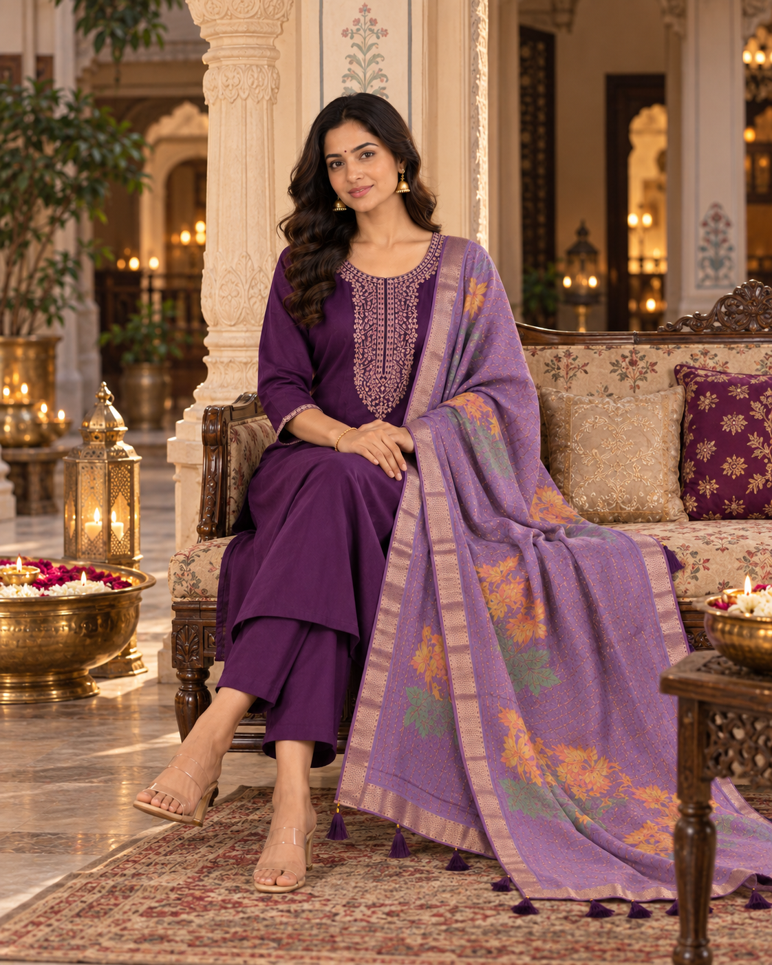Purple Embroidered Roman Silk Suit Set with Dupatta