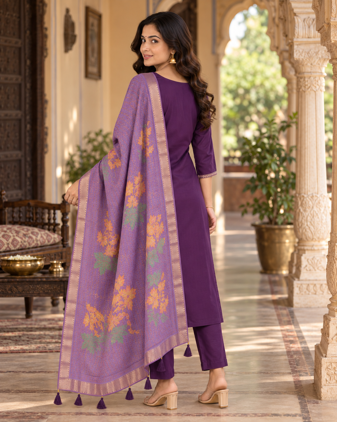 Purple Embroidered Roman Silk Suit Set with Dupatta