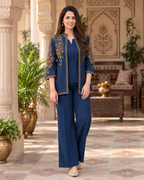 Navy Blue Embroidered Cotton Flex Top and Pant Set with Jacket