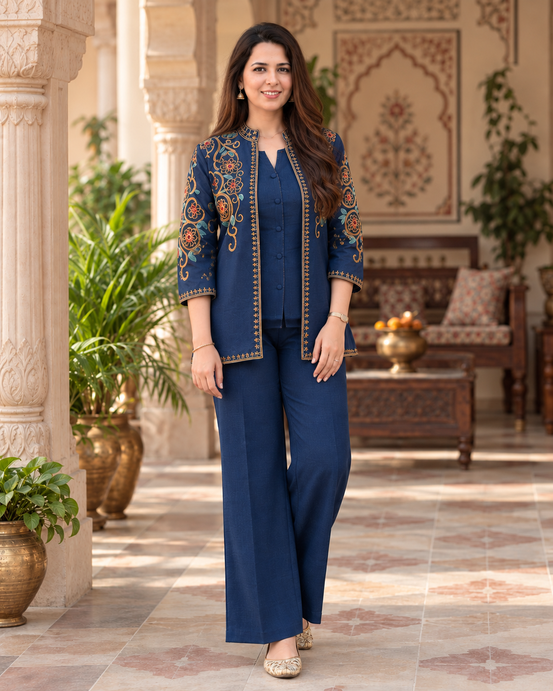 Navy Blue Embroidered Cotton Flex Top and Pant Set with Jacket