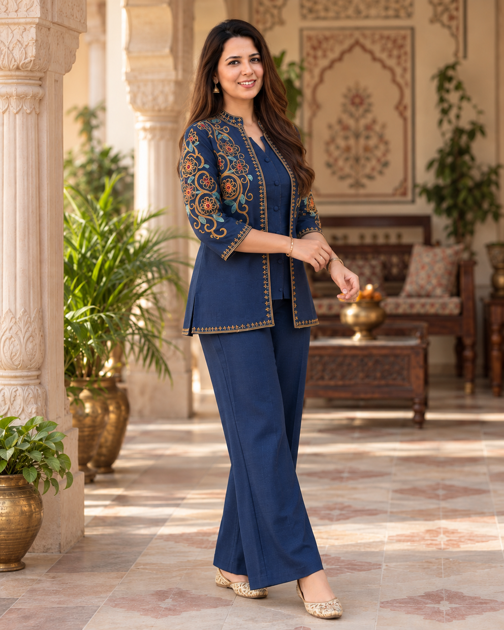 Navy Blue Embroidered Cotton Flex Top and Pant Set with Jacket