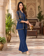 Navy Blue Embroidered Cotton Flex Top and Pant Set with Jacket