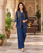 Navy Blue Embroidered Cotton Flex Top and Pant Set with Jacket