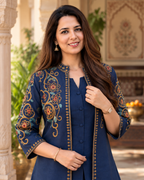 Navy Blue Embroidered Cotton Flex Top and Pant Set with Jacket