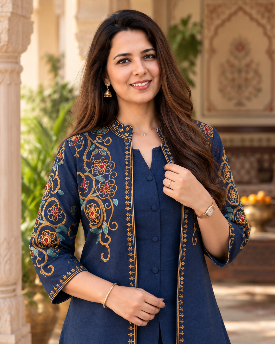 Navy Blue Embroidered Cotton Flex Top and Pant Set with Jacket