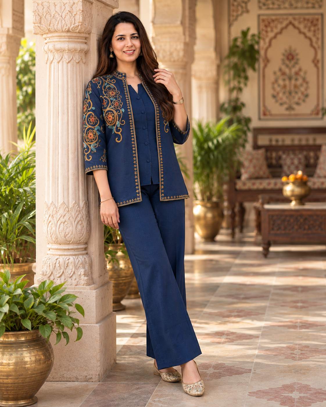 Navy Blue Embroidered Cotton Flex Top and Pant Set with Jacket