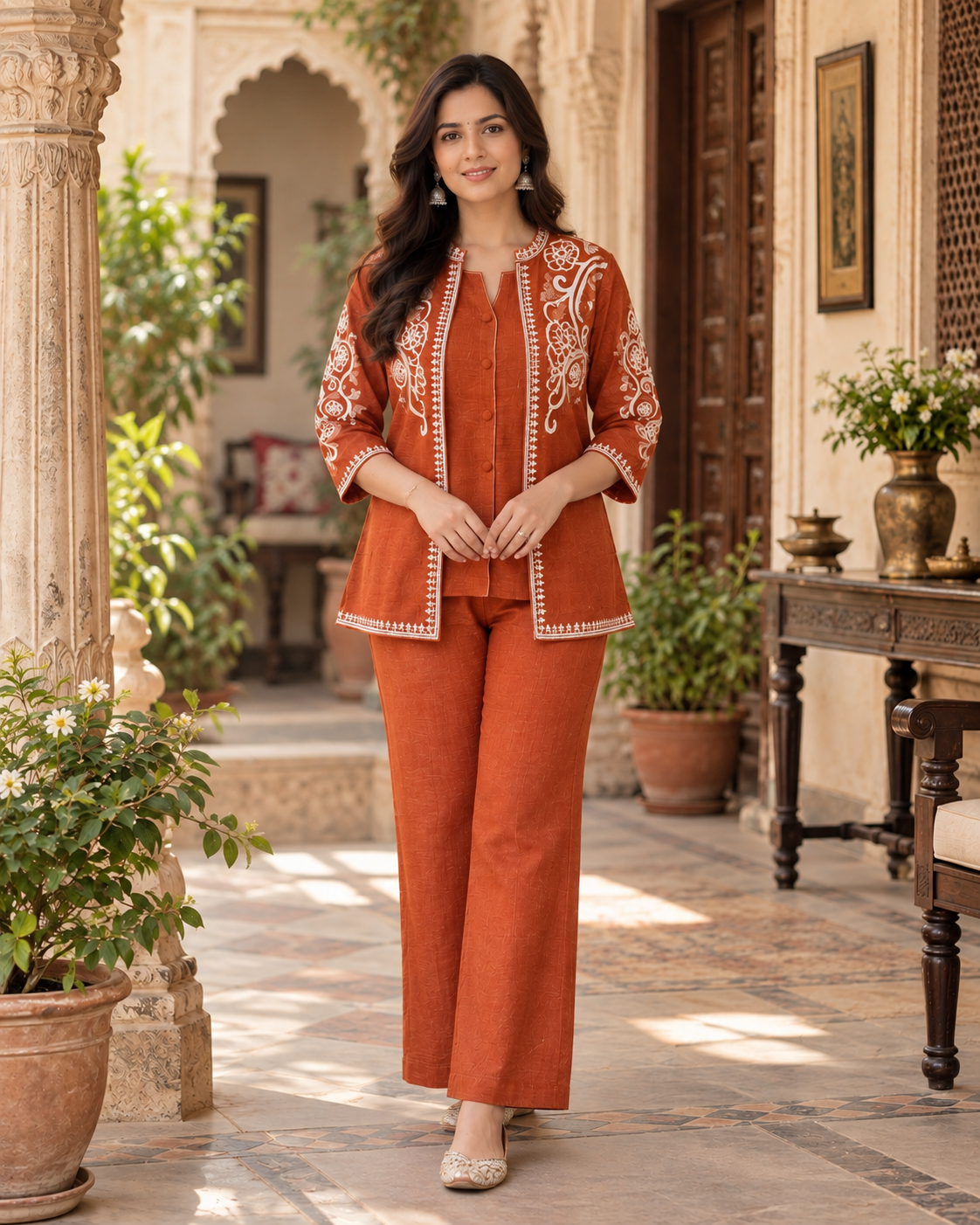 Rust Orange Embroidered Cotton Flex Top and Pant Set with Jacket