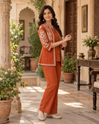 Rust Orange Embroidered Cotton Flex Top and Pant Set with Jacket