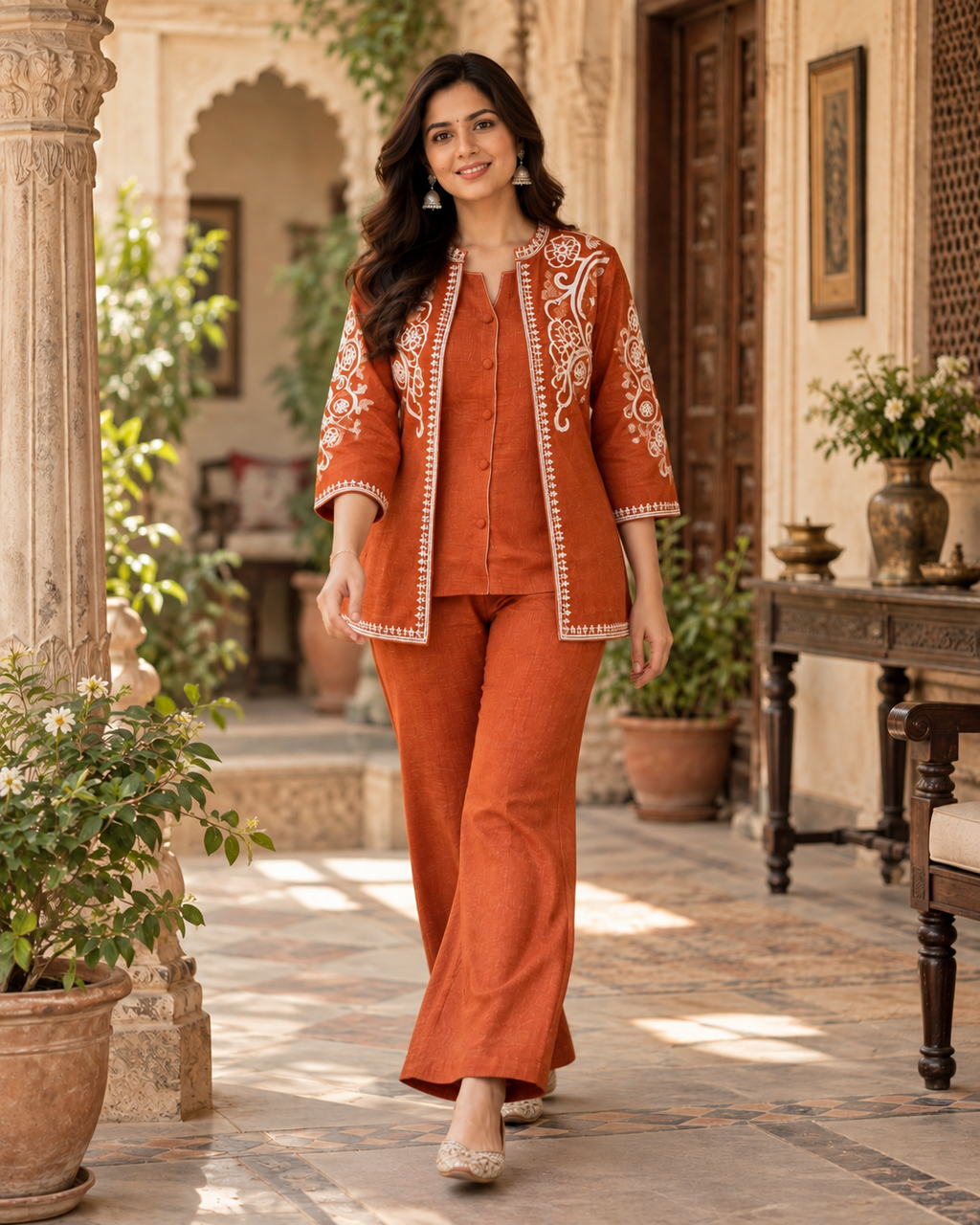 Rust Orange Embroidered Cotton Flex Top and Pant Set with Jacket