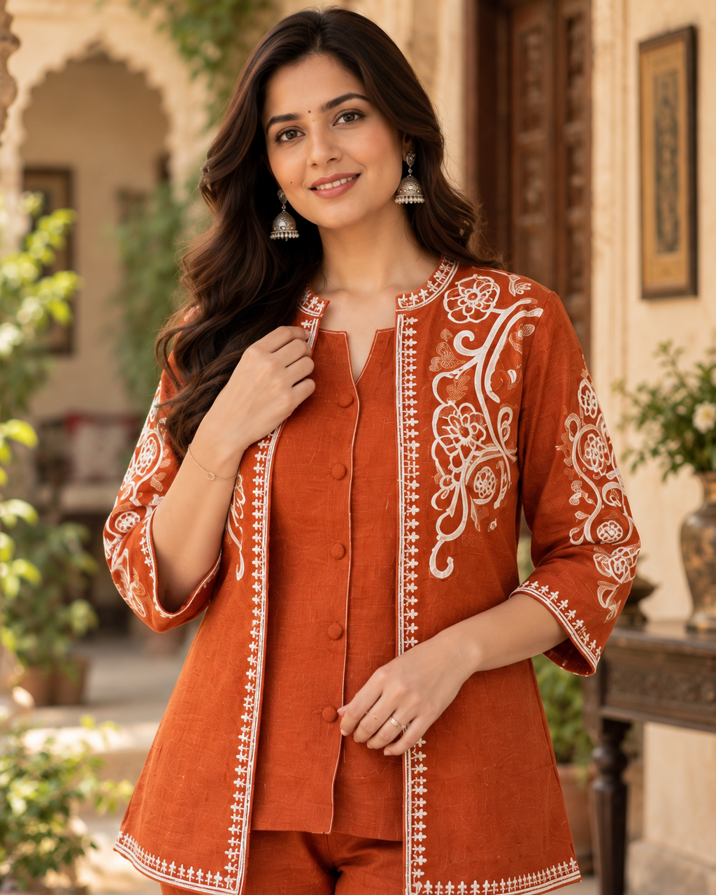Rust Orange Embroidered Cotton Flex Top and Pant Set with Jacket