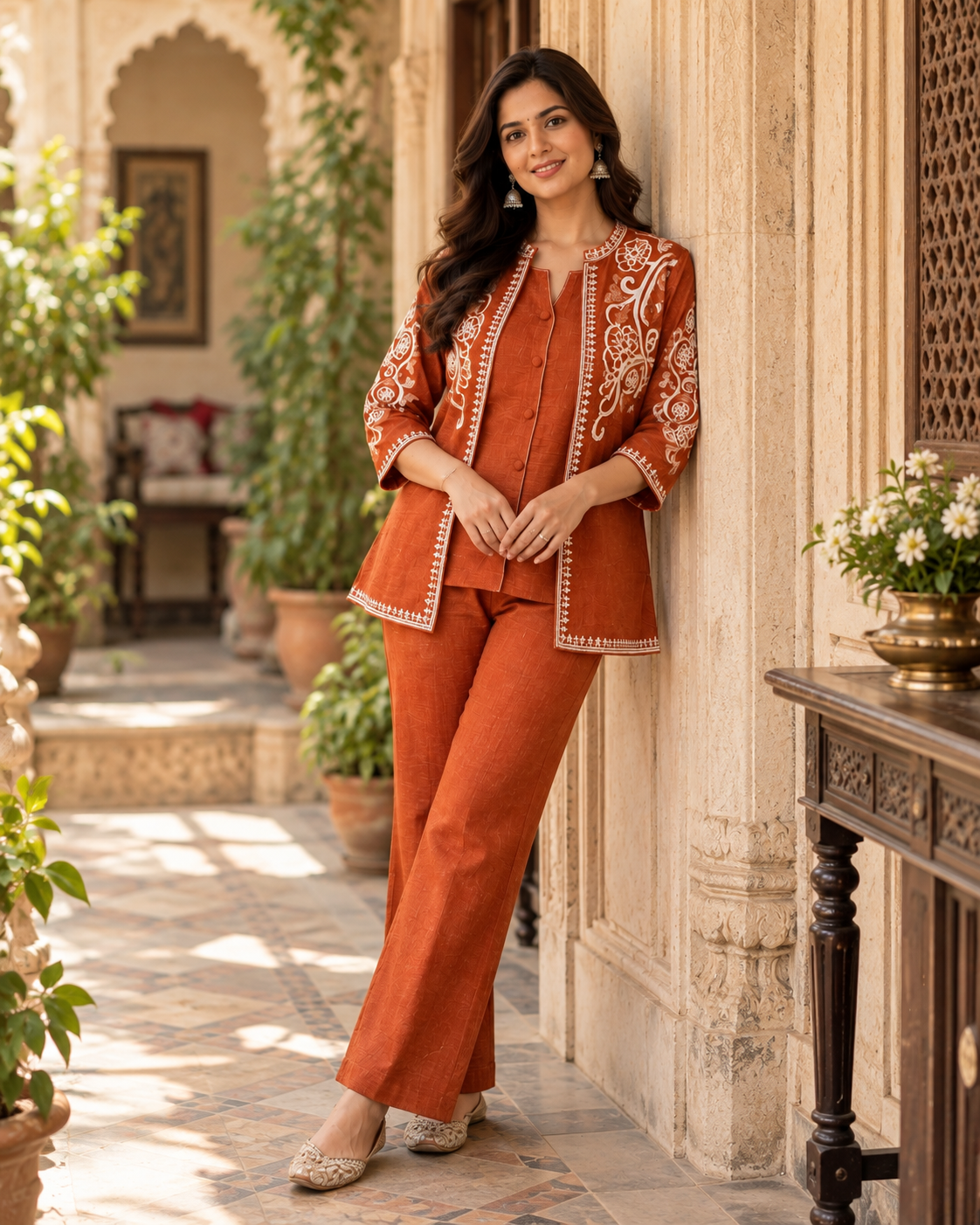 Rust Orange Embroidered Cotton Flex Top and Pant Set with Jacket