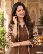 Brown Embroidered Cotton Flex Top and Pant Set with Jacket