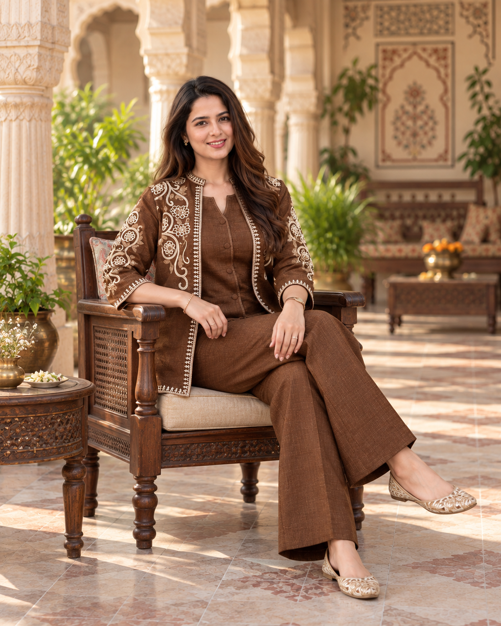 Brown Embroidered Cotton Flex Top and Pant Set with Jacket