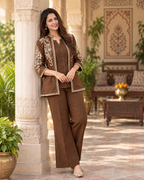 Brown Embroidered Cotton Flex Top and Pant Set with Jacket