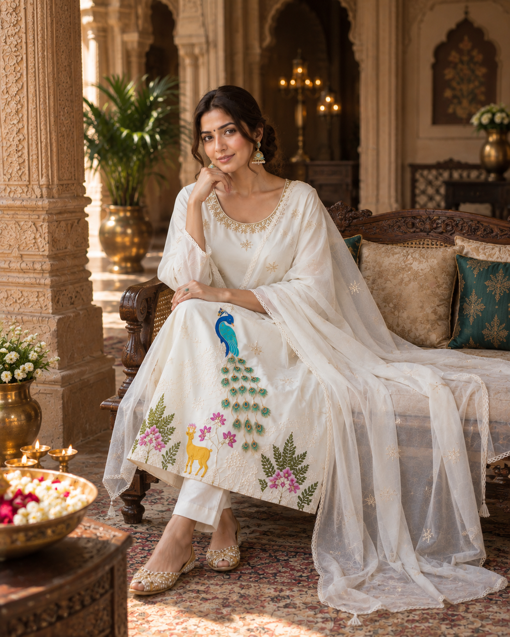 White Embroidered Glass Silk Suit Set with Dupatta