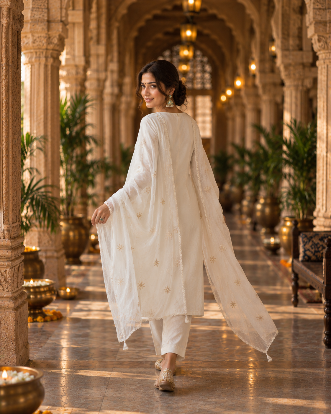White Embroidered Glass Silk Suit Set with Dupatta
