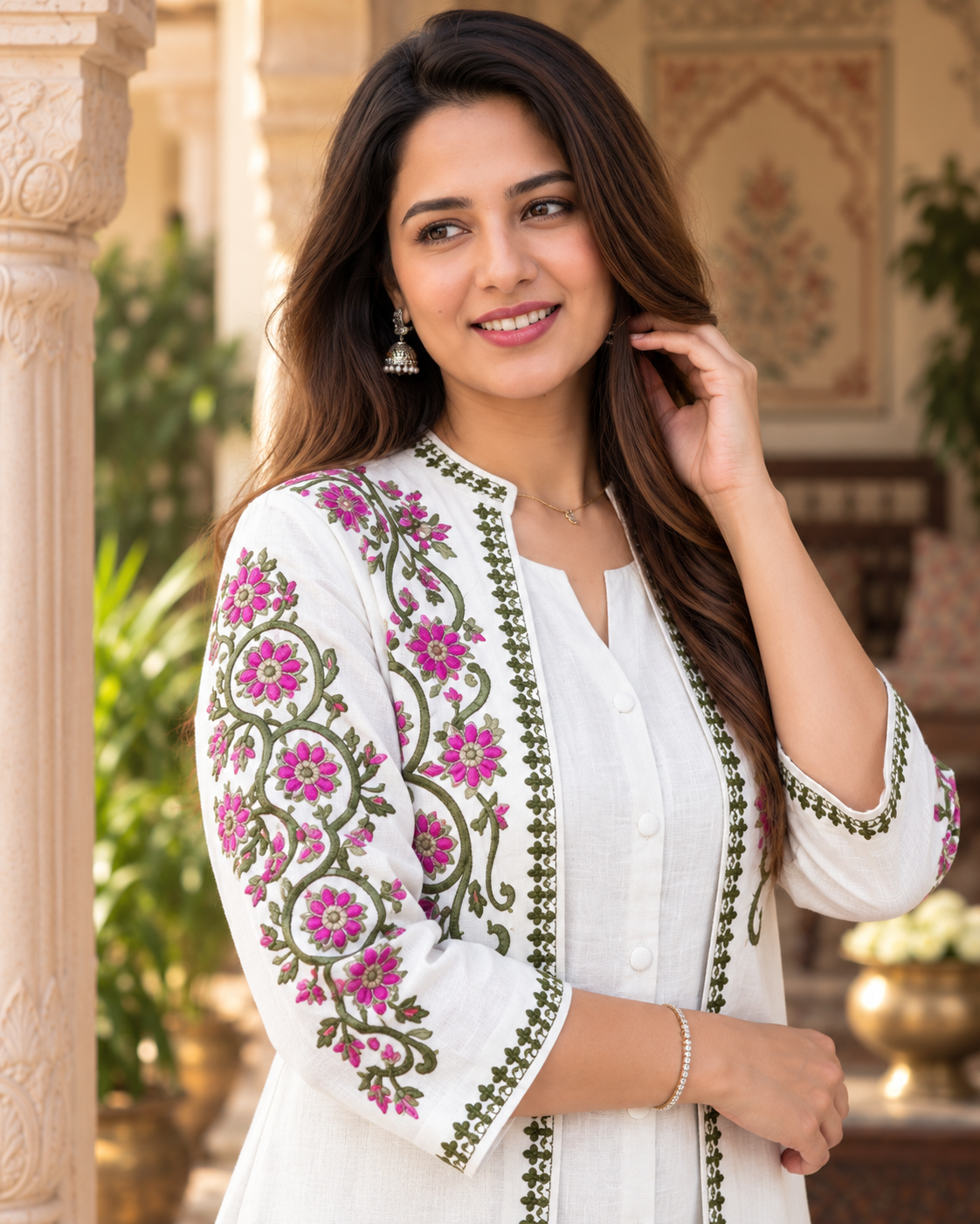 White Embroidered Cotton Flex Top and Pant Set with Jacket