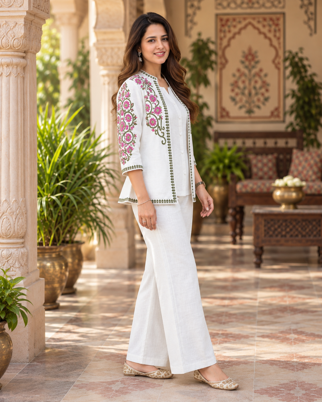 White Embroidered Cotton Flex Top and Pant Set with Jacket
