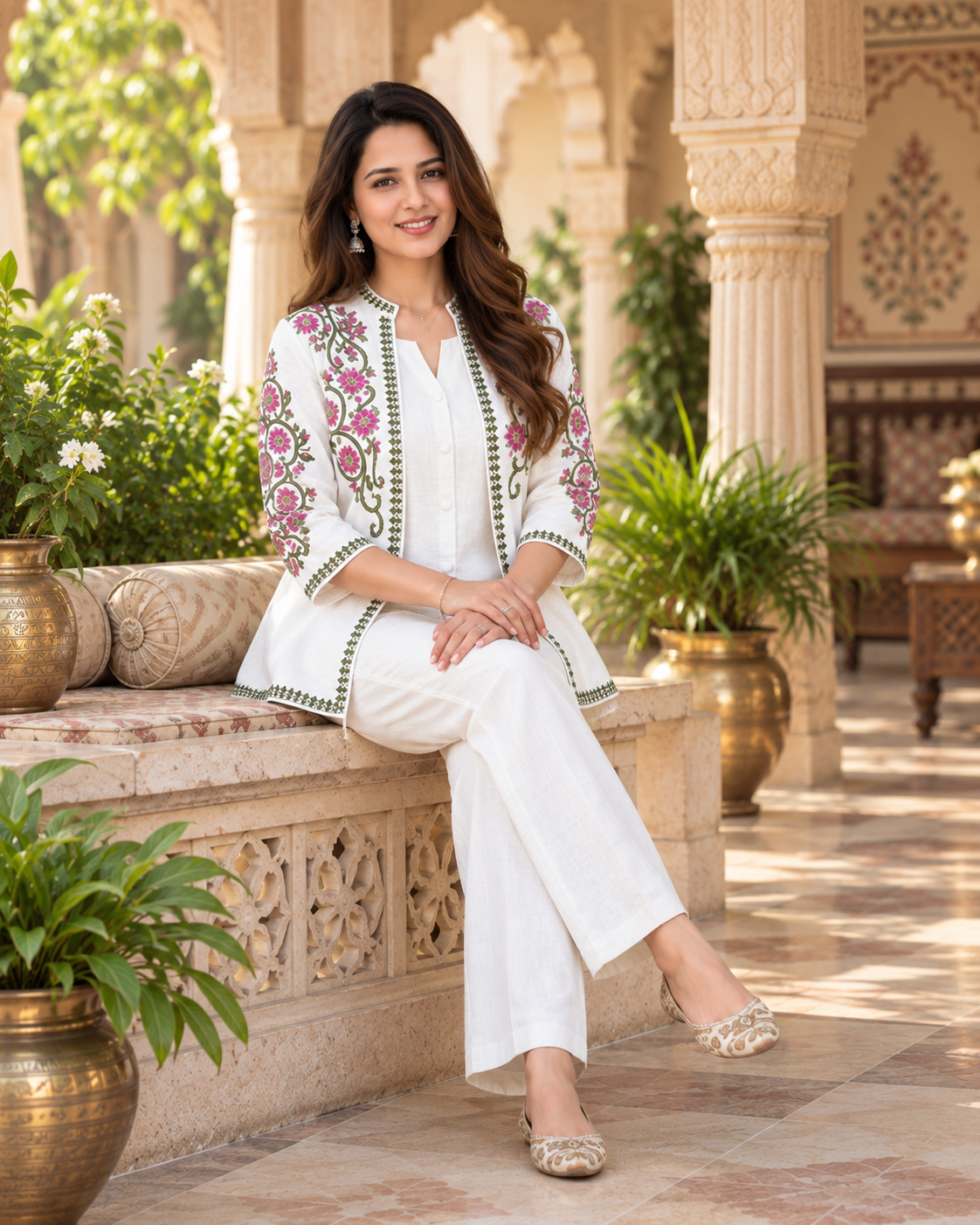 White Embroidered Cotton Flex Top and Pant Set with Jacket