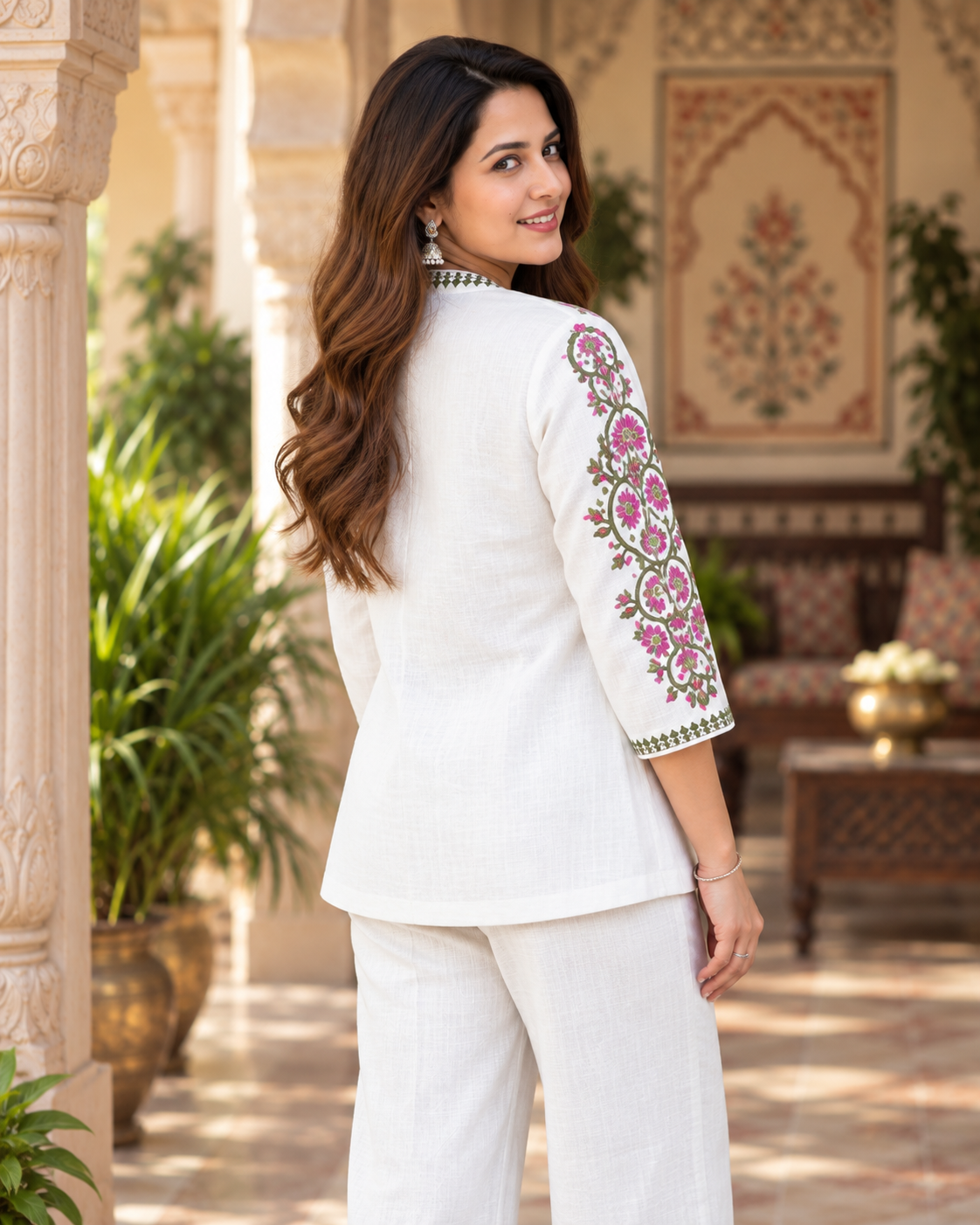 White Embroidered Cotton Flex Top and Pant Set with Jacket