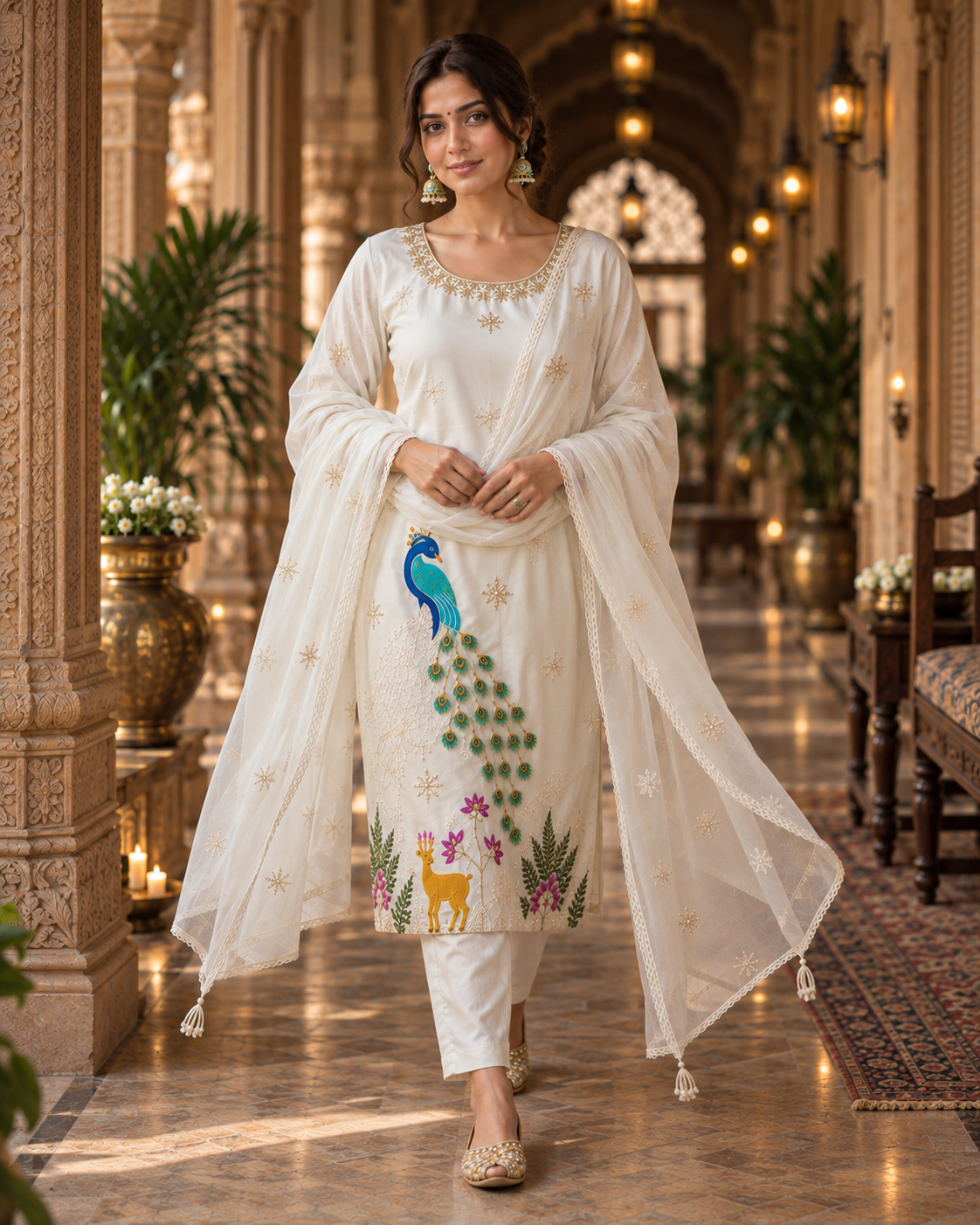 White Embroidered Glass Silk Suit Set with Dupatta