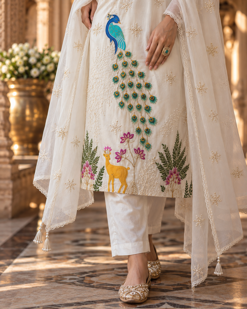 White Embroidered Glass Silk Suit Set with Dupatta