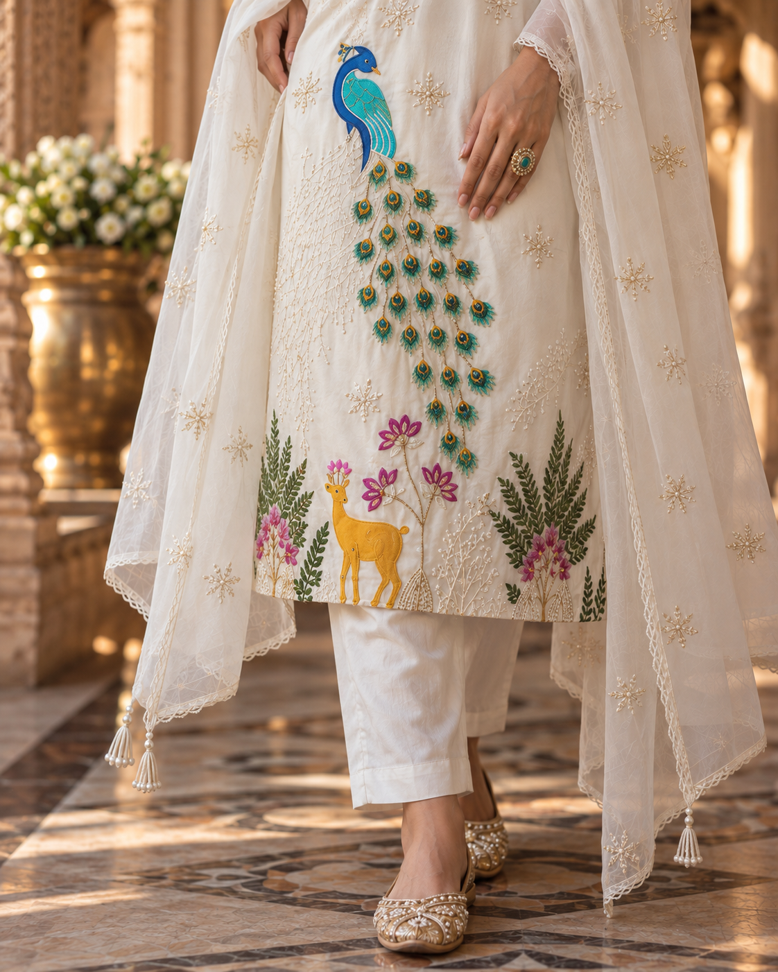 White Embroidered Glass Silk Suit Set with Dupatta