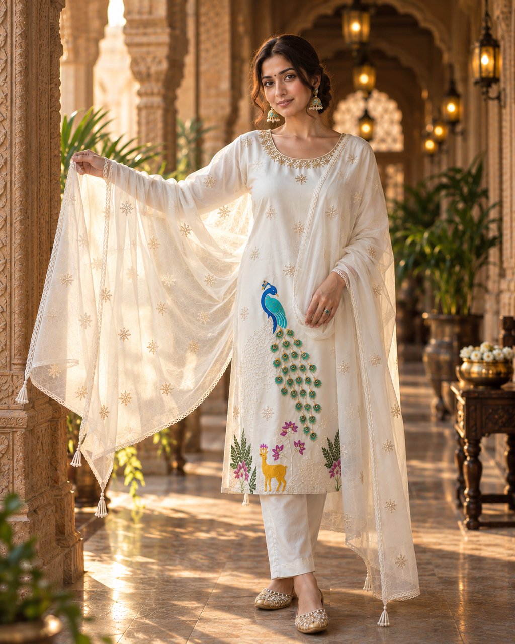 White Embroidered Glass Silk Suit Set with Dupatta