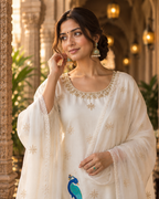 White Embroidered Glass Silk Suit Set with Dupatta