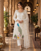 White Embroidered Glass Silk Suit Set with Dupatta
